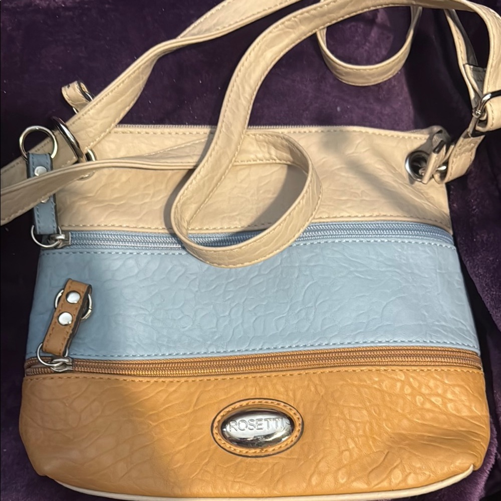 Rosetti Tan, Blue, and Cream Crossbody Bag
